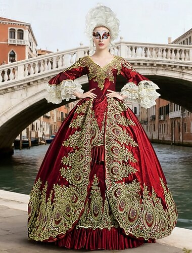  Conjunto Vintage Góticas Rococó Maxi Vestidos Máscara Perucas cosplay com acessórios Princesa Shakespeare De Baile Fantasia Mulheres Real Dia Das Bruxas Carnaval Baile de Máscaras Carnaval dia das