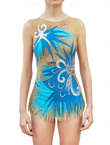  rytminen voimistelupuku naisten tyttöjen luistelupuku voimistelupuku värjäys erittäin elastinen ammattilaisten kilpailuluisteluasu kristalli/strassi hihaton luistelu