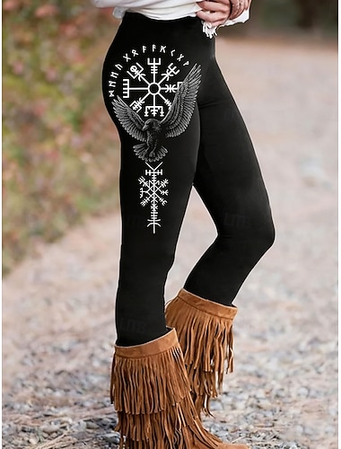  Kvinnenes Viking Boho Leggings Ferie Vintage Etnisk Stil Full Lengde Høy Midje Grafisk Bokstav Hurtigtørring Pusteevne Myk Stretchy Formell Utendørs Ferie Svart Vår Høst Vinter Slim Fit