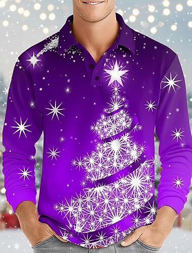  عيد الميلاد المجيد رجالي شجرة الكريسماس بولو ستايل كم طويل قمصان البولو Lapel كاجوال الأماكن المفتوحة مناسب للعطلات مناسب للبس اليومي طباعة ثلاثية الأبعاد Buttons الربيع الخريف الشتاء