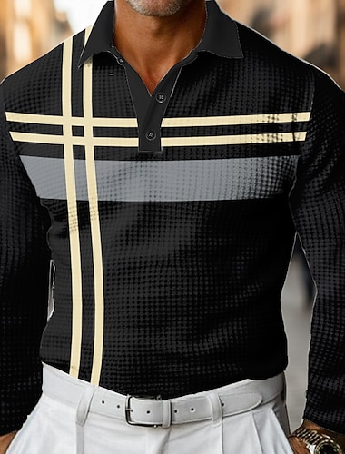  Ανδρικά Γεωμτερικό Οριζόντιες λωρίδες Βάφλα Πόλο Μπλουζάκια Μακρυμάνικο Μπλουζάκια πόλο Πουκάμισα με γιακά Business Casual Επιχείρηση Φορέστε στη δουλειά Καθημερινά Ρούχα Κουμπιά