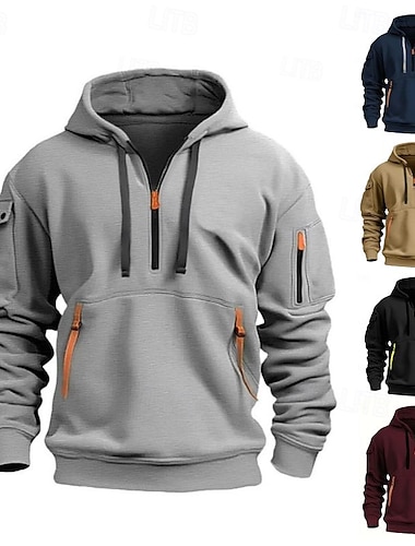  رجالي هوديي هودي ربع سحاب أسود نبيذ أزرق البحرية كاكي رمادي فاتح مع قبعة سهل جيب الرياضة & في الخارج مناسب للبس اليومي مناسب للعطلات بوليستر أناقة الشارع أساسي كاجوال ربيع & الصيف ملابس هوديس بلوزات