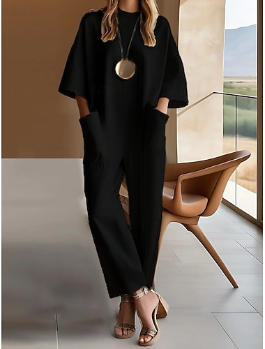  Dámské Běžný Kombinéza Aktivní Pevná barva 3/4 délka rukávu Kulatý Kapsy Dovolená Denní Volný Černá Bílá Léto