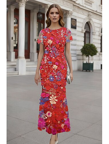  Schlauchkleid Tee-Länge Cocktailkleider Abendkleid Partykleider Elegant Glitzernd Promi-Stil Kurzarm Rundhalsausschnitt Gartenparty Hochzeit Spitze mit Stickerei Applikationen