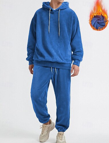  Voor heren Trainingspak Hoodie & Broek Kledingset Truien instellen Capuchon Buiten Dagelijks Sport Trekkoord Zak Effen blauw Zwart Bruin Fleece Polyester Sportkleding Modieus Streetwear Herfst