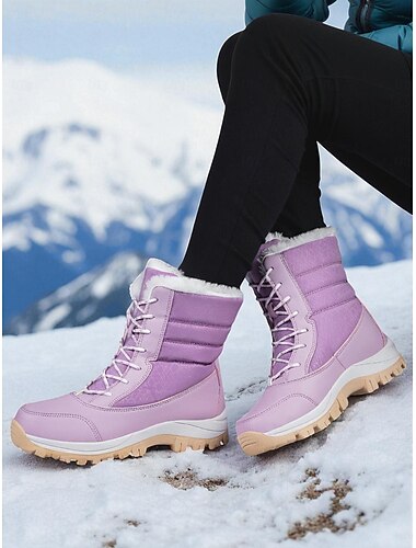  Lila Damen-Winterwanderstiefel – isolierte, wasserdichte Stiefel mit Kunstfellfutter und strapazierfähiger, rutschfester Sohle, ideal für Schnee, Wanderungen und lässige Winterkleidung