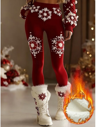  Femmes Pantalon en polaire Leggings Vacances Streetwear Occasionnel Longueur complète Taille hautePantsNoël Graphique Chaleur Thermique Confortable Épaissir Élastique Extérieur Vacances Rue Vin