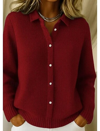  Dame Genser Fritid Skjortekrage Strikket Langermet Vanlige topper Strikke Daglig Blå Vinrød Høst Vinter