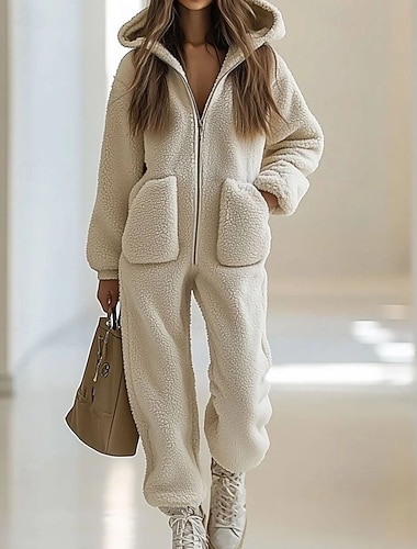  Γυναικεία Σαλόνια Ολόσωμες Φόρμες Ζεστό Μοντέρνα Σέξι Μονόχρωμες Φερμουάρ Τσέπη Φούτερ με Κουκούλα Διακοπές Σπίτι Δρόμος Μακρυμάνικο Στρογγυλή Ψηλή Λαιμόκοψη Λευκό Φθινόπωρο Χειμώνας Χαλαρή Εφαρμογή
