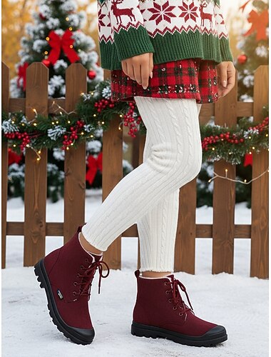  Damen-Winterstiefel in Weinrot mit Schnürung – warme, fleecegefütterte Stiefeletten, rutschfeste Outdoor-Schuhe für Weihnachten, Schnee und den Alltag