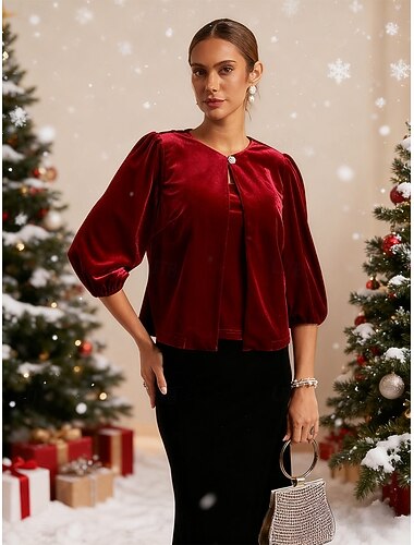  Świąteczna damska aksamitna kurtka typu twinset, kamizelka zapinana na guziki, eleganckie bluzki, elegancka impreza, rękawy 3/4, bufiaste rękawy, okrągły dekolt, zwykłe bluzki, wieczorowe stroje na