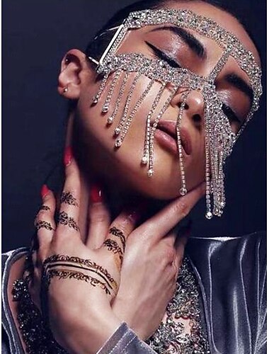  Accesorio de máscara facial con flecos de cristal para mujer: tocado de pedrería para desfiles de moda, fiestas de disfraces, actuaciones teatrales y looks de maquillaje glamurosos.
