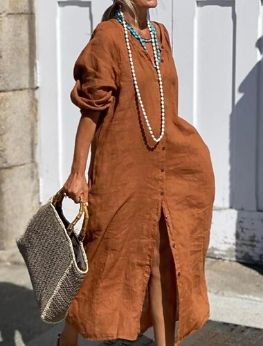  Жен. Длинное платье Сарафан На каждый день Богемный Повседневные Праздники Полотняное плетение Длинный рукав Вырез под горло Черный Темно синий Оранжевый Зеленый Лето