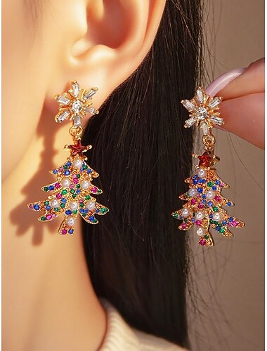  Juletreøredobber til dame – legeringsmateriale, fargerike strass- og perledetaljer, festlige julesmykker, perfekte for julefester og sesonggaver