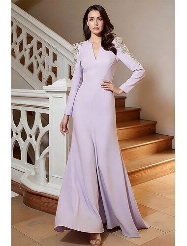  Abito a-line strascico  treno abito da sera elegante scintillante maniche lunghe scollo a V matrimonio formale con pietre preziose e fiori sulla spalla