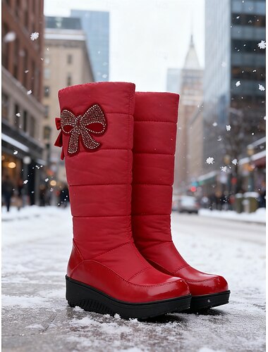  Ghete de iarnă impermeabile pentru femei - ghete de zăpadă roșii matlasate cu funde și strasuri, talpă antiderapantă, ideale pentru vreme de zăpadă, activități în aer liber și ținute casual de iarnă