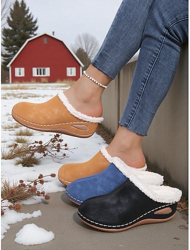  Mules femininas de inverno com forro de pele sintética macia, perfeitas para conforto em casa ou para looks casuais de inverno, disponíveis em várias cores.