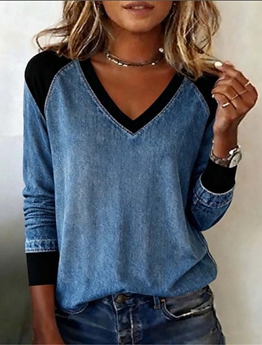  Damen Bluse Elegante Oberteile Farbblock Einfach Elegant Vintage Damen Langarm V Ausschnitt Normale Oberteile Arbeit Täglich Ferien Patchwork Blau Herbst Winter