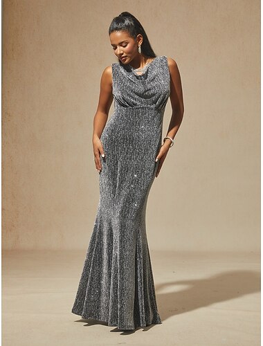  γυναικείο μάξι φόρεμα τρομπέτα φόρεμα γοργόνας παγιέτες γκλίτερ λαμπερό κομψό πάρτι βράδυ πάρτι κανονική εφαρμογή μονόχρωμο αμάνικο με φερμουάρ στο λαιμό ασημί άνοιξη φθινόπωρο χειμώνας