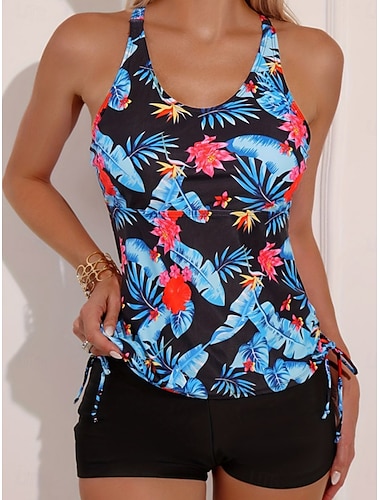  Maillot de bain tankini femme 2 pièces palmier shorts contrôle du ventre taille haute dos nu vacances plage floral feuilles col halter sans manches