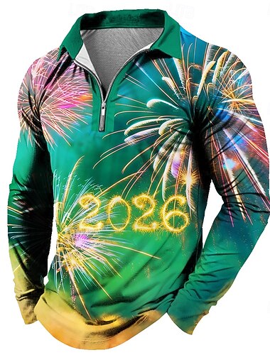  Nieuwjaar Voor heren Vuurwerk Polo Lange mouw Poloshirt Revers Casual Alledaagse kleding Festivaloutfit 3D-afdrukken Polo met kwartrits Lente Herfst Winter blauw Paars Groen