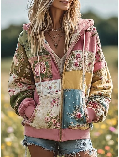  Dámská 3D tisková vintage boho mikina patchwork s květinovým potiskem pulovr s kapucí dlouhý rukáv zip s kapsou lehký ležérní zipová mikina denní nošení patchwork podzim