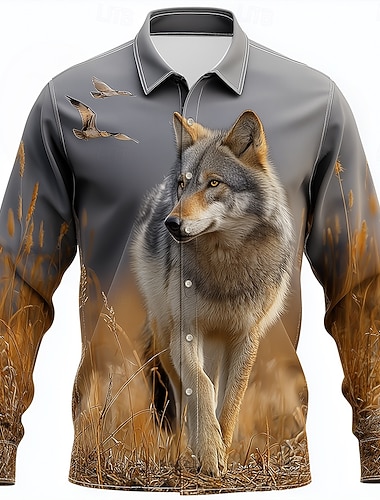  Herren Tiermotiv Wolf Natur & Landschaft Hemd Knopfhemd Langarm Vintage-Retro Outdoor Lässig Jagd Frühling Herbst Umlegekragen 3D-Druck Hemden mit Kragen Grau 1# Grau
