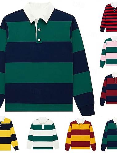  Herre Stribe Rugby Polo Langermet Poloskjorter Skjorter med krage Fritid Skole utendørs treningsklær 3D-utskrift Vår Høst Vinter Rød Blå Oransje