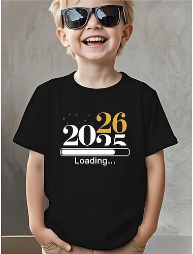  Baumwoll-T-Shirt für Jungen, ideal für die Silvesterparty 2026, schwarz-weiß, mit Grafikdruck und Zahlenmotiv, Rundhalsausschnitt, Kurzarm, für Outdoor-Aktivitäten, Alltag, Streetwear, Designer-Look,