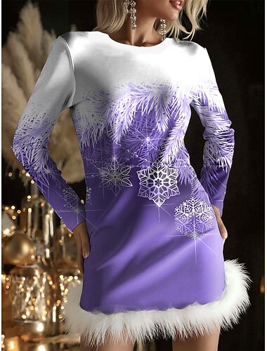  Jul Dame Mini kjole Tubekjole Fritid Fest Daglig Normal Juletre Snøfnugg Langermet Crew-hals Rød Himmelblå Lilla Høst Vinter