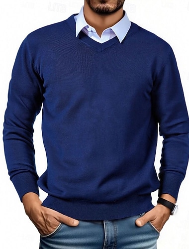  男性用 ニット ウールのセーター プルオーバー リブ ニット クロップド ニット 純色 Ｖネック 保温 現代コンテンポラリー ワーク デイリーウェア 衣類 秋冬 キャメル ワイン S M L