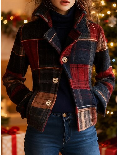  בגדי ריקוד נשים בלייזר שמור על חום הגוף נוח כיס כפתורים יום יומי משובץ חג מולד חופשה ליציאה סוף שבוע רגיל עומד רגיל שרוול ארוך הלבשה עליונה אודם סתיו חורף