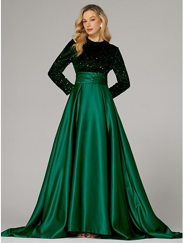  A-linja Hovilaahus Kokopitkä Iltapuku Tanssiaispuku hameen päällä Muodollinen mekko Tyylikäs Pitkähihainen poolokaulus Muodollinen Cocktailjuhla Syksyinen häävieras Satiini Paljetein koristeltu kanssa