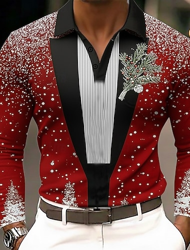  Jul Herre Juletre Snøfnugg Polo Langermet Poloskjorter Knaphul Fritid utendørs Ferie Dagligdagstøy 3D-utskrift Knapper Vår Høst Vinter Rød Lilla Grønn