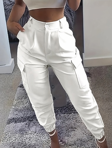  Dames Cargohosen Chinese Streetwear Casual Volledige lengte Middelhoge taille Effen Zak Elastische taille Comfortabel Inelastisch Dagelijks Buiten Vakantie Wit Zomer Lente Ruim Passend