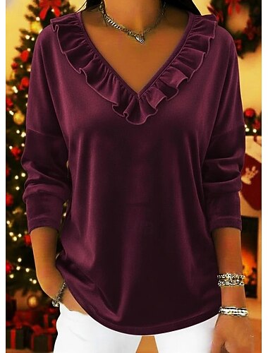 クリスマス 女性用 ベルベット 純色 平織り エレガント スタイリッシュ ベーシック 長袖 Ｖネック レギュラートップス ブルー ブラック ワイン パープル グリーン 冬