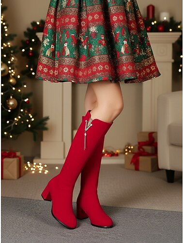 Cizme roșii până la genunchi pentru femei - cizme lungi elegante din catifea de Crăciun cu pandantiv din perle, încălțăminte la modă cu toc bloc pentru petreceri și ținute de iarnă