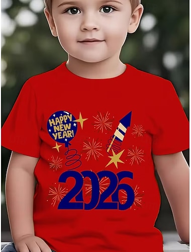  חולצת טריקו תלת-ממדית לבנים 2026 למסיבת ראש השנה החדשה 2026 עם אותיות גרפיות שרוולים קצרים הדפס תלת-ממד קיץ אביב ספורט אופנתי אופנת רחוב ילדים 4-12 שנים צווארון עגול חוץ קז'ואל יומי גזרה רגילה