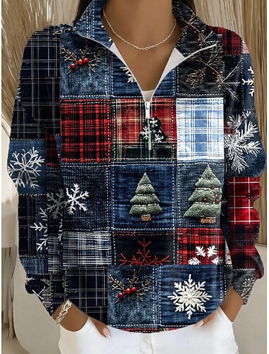  Dame Genser med genser Snømann Juletre Jul Fritid Langermet Halv glidelås Vanlige topper Hverdag Avslappet Ferie Lapper Blå Rød Mørkeblå Høst Vinter