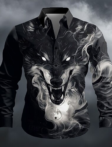  Miesten Savuinen Eläin Susi Paita Button Up paita Pitkähihainen Vintage retro ulko- Arkikäyttö Kevät Syksy Sänkyjen avaus 3D-tulostus kauluspaidat Musta Ruskea