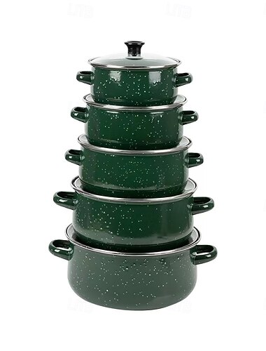  5-delers emaljegrytesett, kokepannesett med lokk, keramisk gryte, flatbunnet gryte til suppe og hermetisering