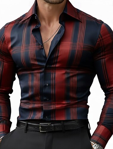  Herren Geometrisch Karo / Karomuster Hemd Satinhemd Kleidhemd Langarm Business-Casual Urlaub Alltagskleidung Sommer Frühling Herbst Umlegekragen 3D-Druck Hemden mit Knopfleiste Schwarz Armeegrün