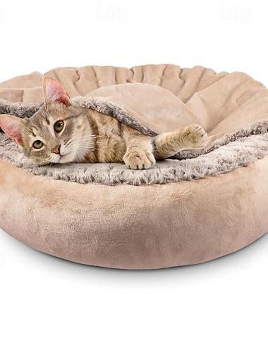  Kleines Hundebett/Katzenbett mit Kapuze, kuscheliges Luxus-Welpenbett, rundes, beruhigendes Hundehöhlenbett in Donutform – rutschfest