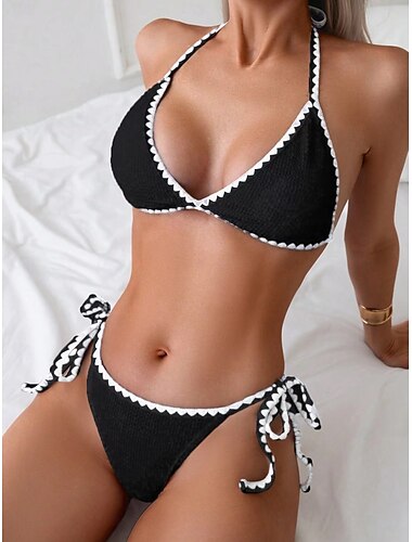  Damen Bikini 2-teiliges Badeanzug Cheeky Slim Rückenfrei Urlaub Strandbekleidung Einfarbiger Halter-Ausschnitt Ärmellos Badeanzüge