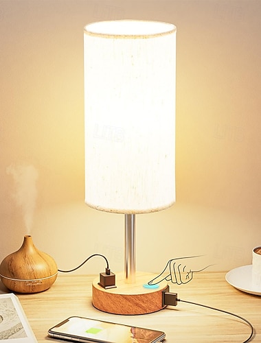  Lampe de chevet tactile avec port USB - Lampe en bois à intensité variable (3 niveaux) pour table de nuit, lampe de bureau avec station de charge pour chambre d'étudiant, salon, bureau, chambre