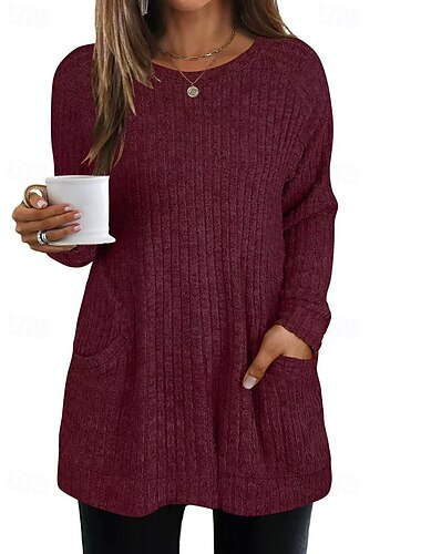  Жен. Вязаная ткань Пуловер Уличный стиль На каждый день Сплошной цвет Вырез под горло Карман Трикотаж Длинный рукав Длинные топы Вязать Повседневные Праздники На выход Винно-красный Черный Осень Зима