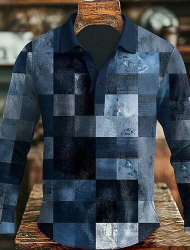  Herre Fargeblokk Geometrisk Polo Langermet Poloskjorter Knaphul Fritid utendørs Gate treningsklær Dagligdagstøy 3D-utskrift Knapper Vår Høst Vinter Blå Himmelblå Grå