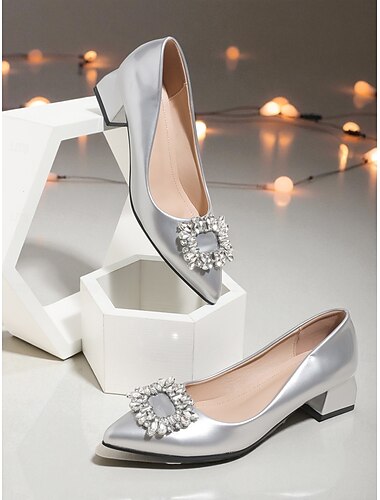  حذاء نسائي فضي اللون بإبزيم من حجر الراين - حذاء أنيق بكعب عريض ومقدمة مدببة لحفلات الزفاف والسهرات والمناسبات الرسمية