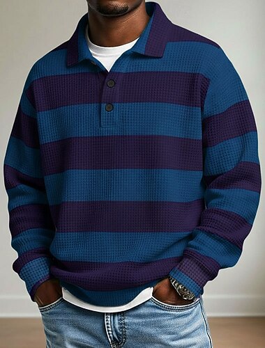  Férfi Vízszintes csíkok Gofris pólóingek Rugby Polo Hosszú ujj Pólóingek Galléros ingek Alkalmi Sportruházat Hétköznapi viselet Gombok Tavasz Ősz Tél Medence Rubin Lóhere
