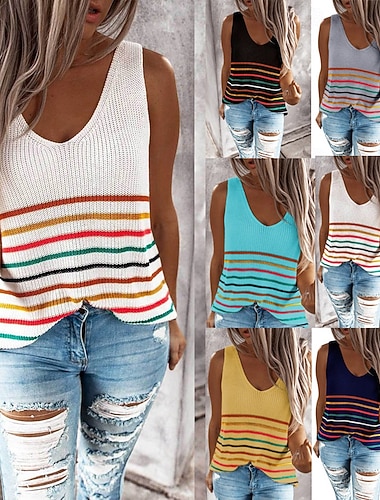  Dámské Svetr Svetrová vesta Módní Šik ven Na běžné nošení Proužky Do V Pletený Bez rukávů Běžné topy Plést Denní Dovolená Jdeme ven Černá Žlutá Léto Jaro